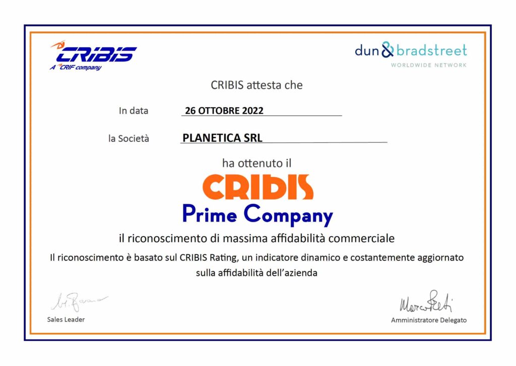 CRIBIS Prime Company | Riconoscimento di massima affidabilità commerciale | planetica.it